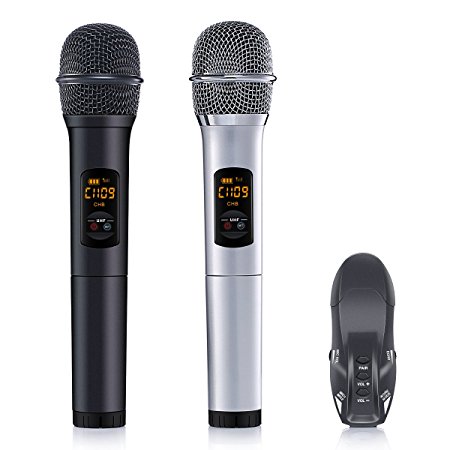 ELEGIANT UHF Wireless Microphone System, Portable Dual Channel Bluetooth Receiver Professional Karaoke Singing Machine for Outdoor Wedding, Conference, Home KTV, Evening Party, Speech, Church