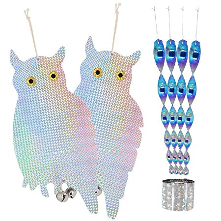 Zaker Reflective Bird Blinder Repellent Hanging Owl With 11.8 inch Wind Twisting Scare Rods, Double Sided Reflective Tape—Bird Scare Pest Repellent for Homes, Gardens, Farms
