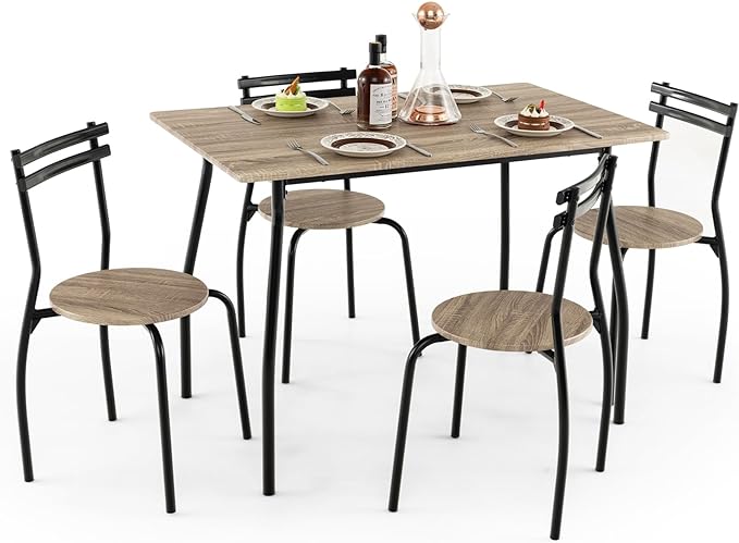 COSTWAY 5 Piece Dining Table and Chair Set, Wood/Glass Top Kitchen Table with 4 Ergonomic Chairs, Metal Frame Dining Furniture for Restaurant Living Room (Nature, Wood Deskop, Round Seat)