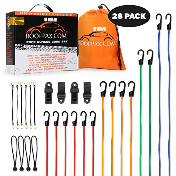 RoofPax Heavy Duty Bungee Cord 28pc Assortment | 3.5mm steel core hooks | UV resistant | Free Easy Drawstring Organizer Bag | Ball Bungees | Canopy Ties & Free Tarp Clips | Superior Quality Bundle