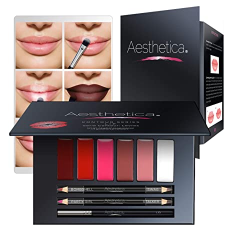 Aesthetica Matte Lip Contour Kit - Lipstick Palette Set Includes 6 Lip Colors, 4 Lip Liners, Lip Brush and Instructions