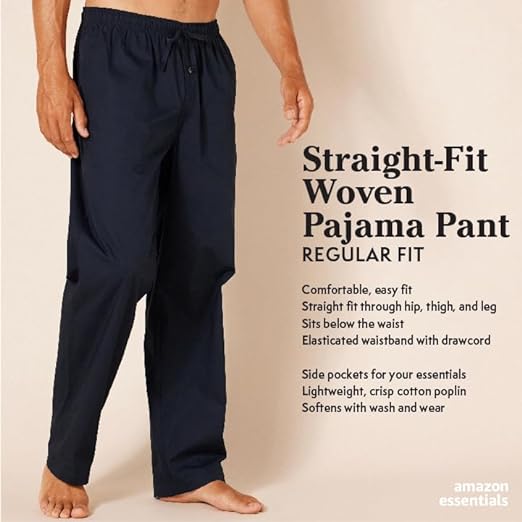 Amazon Essentials Men's Straight-Fit Woven Pajama Pant, Black, Large