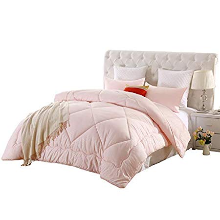 LOVO Down Alternative Comforter Diamond Quilt Pink Duvet Insert Microfiber Bedding, Pink, Twin