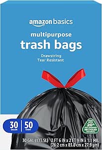 Amazon Basics Multipurpose Drawstring Trash Bags, 20% Post Consumer Recycled Content, 30 Gallon, 50 Count, Pack of 1