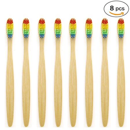 Genkent Natural Bamboo Toothbrush Made with Rainbow Nylon Infused Bristles (8 Counts)