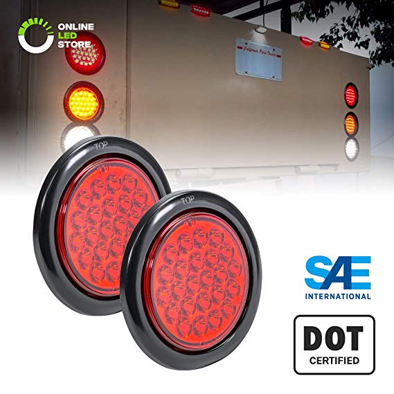 2pc 4" Round Red 24 LED Trailer Tail Lights [DOT Certified] [Grommet & Plug Included] [IP67 Waterproof] Turn Stop Brake Trailer Lights for RV Jeep Truck