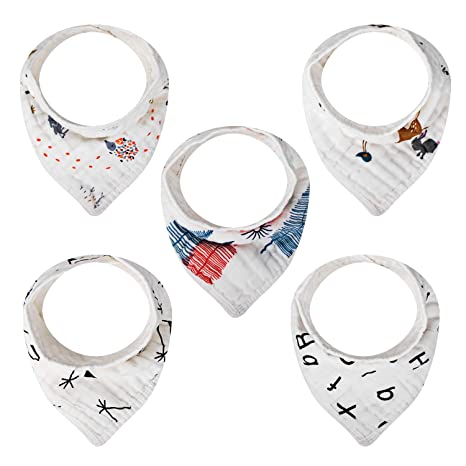 5-Pack Unisex Baby Muslin Cotton Bandana Bibs for Drooling and Teething Boys Girls by MiiYoung