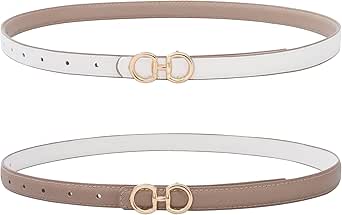 AWAYTR Womens Reversible Thin Belt - Skinny Waist Leather Belt with Gold Buckle Ladies Fashion Belt for Jeans Dress