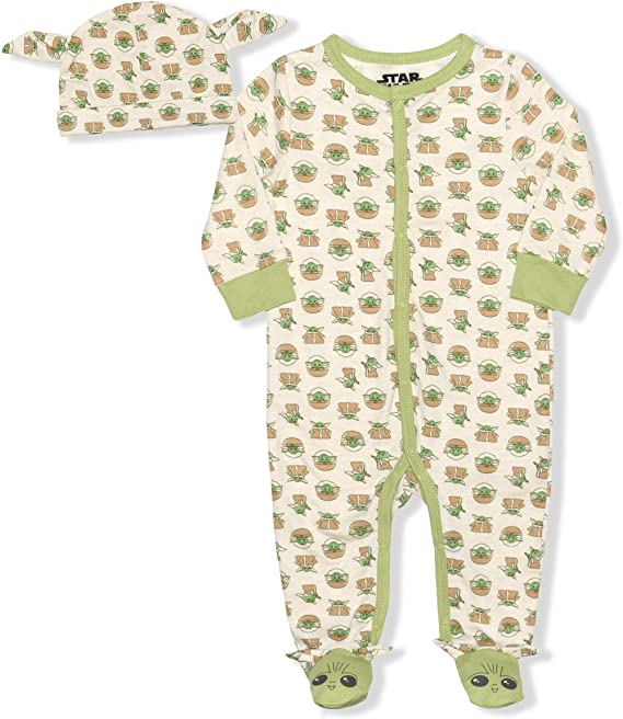 Lucasfilm Boy's The Mandalorian The Child Footed Coverall Bodysuit Creeper with Hat Set