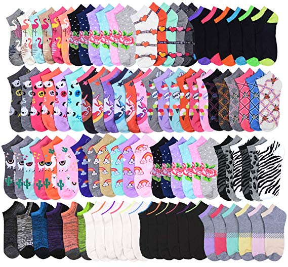 36 Pairs - Women's Socks - Ankle Cut, Low Cut, No Show, Footie, Casual Girls in 60 Colorful Patterns (Size 9-11)