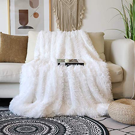 Decorative Extra Soft Faux Fur Blanket Queen Size 78" x 90",Solid Reversible Fuzzy Lightweight Long Hair Shaggy Blanket,Fluffy Cozy Plush Fleece Comfy Microfiber Blanket for Couch Sofa Bed,Pure White