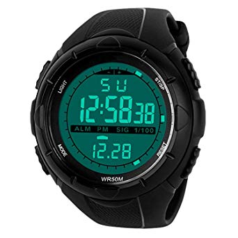 Mens Sports Digital Watch - 5 Bars Waterproof Military Digital Watches with Alarm/Timer/SIG, Black Large Face Outdoor Sport LED Wrist Watch for Men by BHGWR