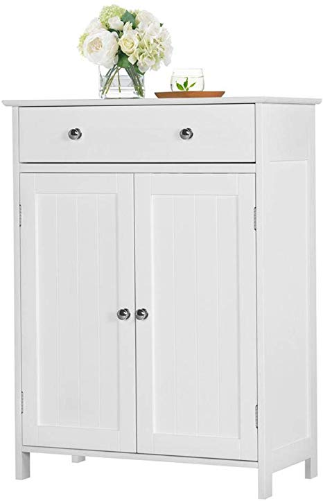 Yaheetech Free Standing Bathroom Cabinet Storage Cabinet with 1 Drawer 2 Doors, Adjustable Shelf, 23.6x11.8x31.5” (LxWxH)