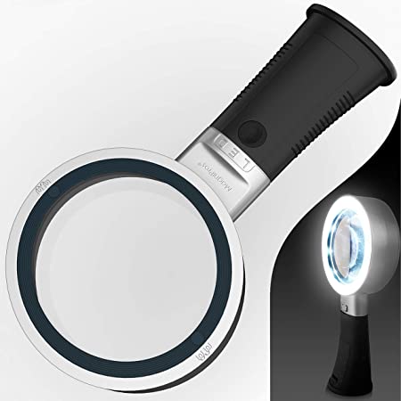 Magnifying Glass with Light 10X LED Reading Magnifier Soft & Bright Light Settings and Ergonomic Self-Standing Handle for Hobbyists, Macular Degeneration, Reading, Soldering, Inspection, Jewelry