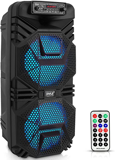 Portable Bluetooth PA Speaker System - 600W Rechargeable Outdoor Bluetooth Speaker Portable PA System w/Dual 8” Subwoofer 1” Tweeter, Microphone in, Party Lights, USB, Radio, Remote - Pyle PPHP2836B