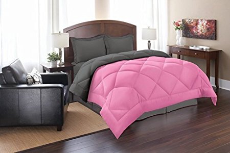 Silky Soft - Goose Down Alternative Reversible 3pc Comforter Set, Full/Queen, Pink/Gray