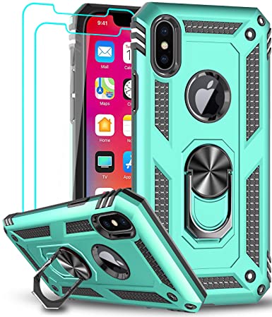 LeYi Compatible for iPhone Xs Max Case (Not Fit iPhone Xs) with Tempered Glass Screen Protector [2Pack] for Women Men, Military-Grade Phone Case with Ring Kickstand for iPhone Xs Max, Mint