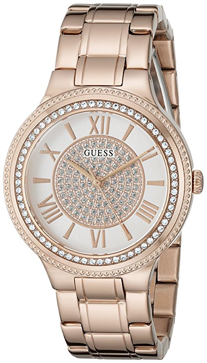 GUESS Women's U0637L3 Dressy Rose Gold-Tone Watch with White Dial , Crystal-Accented Bezel and Stainless Steel Pilot Buckle