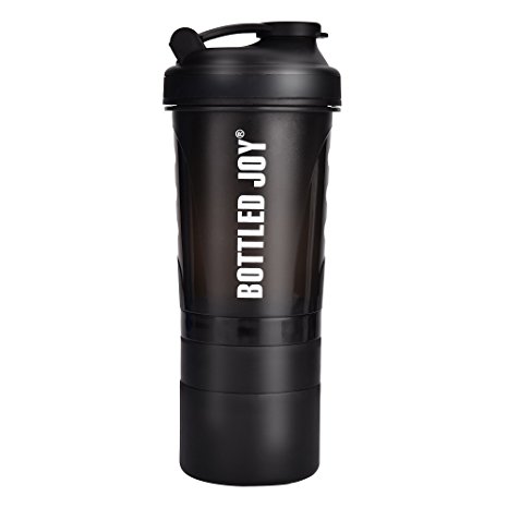 BOTTLED JOY Protein Shaker Bottle with 3-Layer Twist and Lock Storage, 100% BPA-Free Leak Proof SportMixer Fitness Sports Nutrition Supplements Non-slip Mix Shake Bottle 20oz 600ml