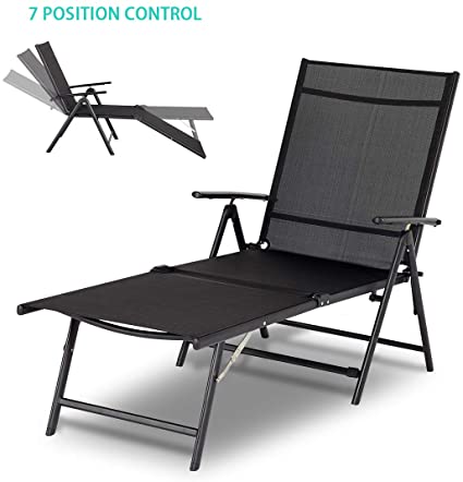 Esright Outdoor Chaise Lounge Chair, Folding Textiline Reclining Lounge Chair for Beach Yard Pool Patio with 7 Back & 2 Leg Adjustable Positions (Black)