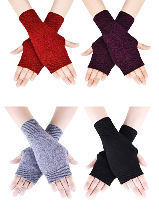 Tatuo 4 Pairs Cashmere Feel Fingerless Gloves with Thumb Hole Warm Gloves for Women and Men