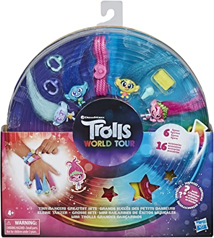 Trolls DreamWorks Tiny Dancers Greatest Hits, 6 Collector Figures, Necklace, 2 Bracelets, and More, Toy Inspired World Tour