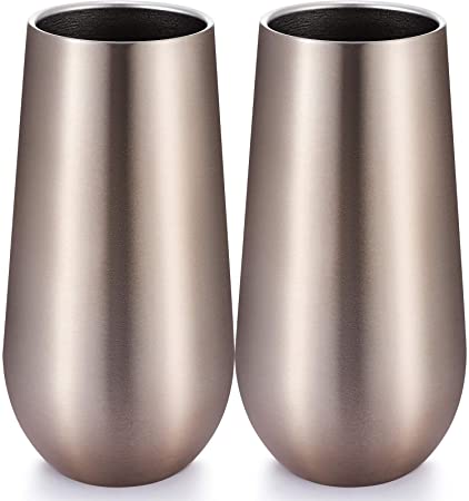 2 Packs Double-insulated Stemless Champagne Flutes Wine Tumbler, Unbreakable Cocktail Cups Reusable Champagne Toasting Glasses with Lids (Champagne, 6 OZ)