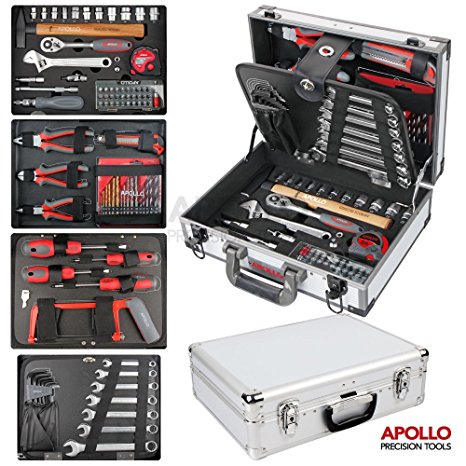 Apollo 91 Piece High-Grade Chrome Vanadium Cr-v Steel General Tool Set with Sockets, Spanner Wrenches, Pliers, Machinist Hammer, Most-Reached for Repair Tools, all Neatly Organised in a Robust Aluminum Storage Case