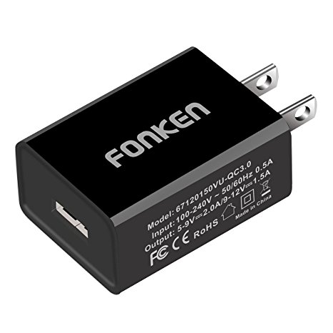 Fonken Quick Charge 3.0 (Quick Charge 2.0 Compatible) 18W USB Wall Charger Adapter with Smart IC (Black)