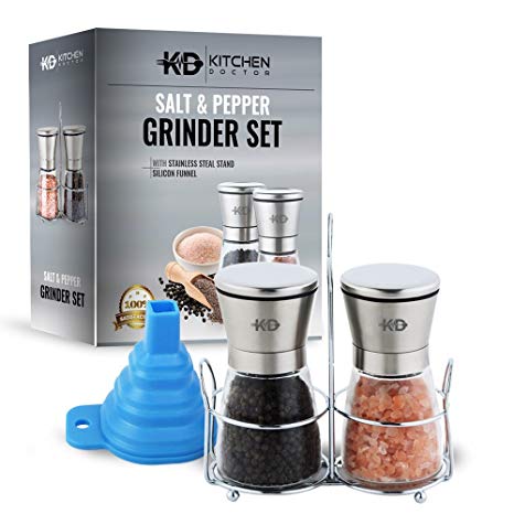 Premium Salt and Pepper Grinder Set Brushed Stainless Steal & Glass Mills With Matching Stainless Steel Stand   FREE Silicone Funnel - Adjustable Coarseness Ceramic Rotor- Salt and Pepper Shakers