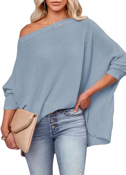 Dokotoo Women's Casual Boat Neck Off The Shoulder Long Sleeve Waffle Knit Loose Tunic Tops Blouses Shirts