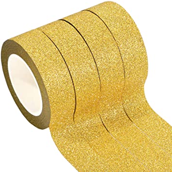 4 Rolls 0.6 Inch x 11 Yards Glitter Washi Tape Crafting Tape Glitter Masking Tape for Festival Decoration Scrapbooking, Bullet Journal, Planner, Gift Wrapping (Golden)