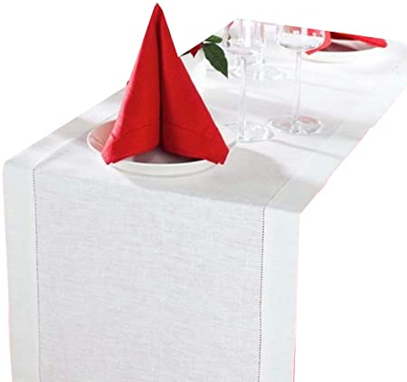 Linen Clubs - Slub Cotton Table Runner - White - 16x108 - Egyptian Slub Cotton with Linen Look - Elegant Cloth - Super Value Hand made Ladder Lace Look