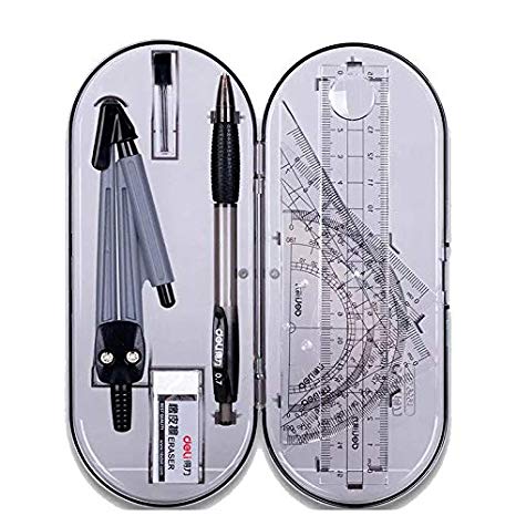 Rocutus Math Geometry Kit Set,Student Study Supplies with Shatterproof Storage Box,Including Protractor, Rulers, Compass, Compass Lead, Mechanical Pencil and Erasers (8 Pieces)