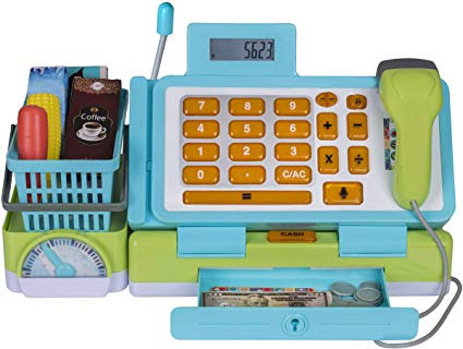 Playkidiz Interactive Toy Cash Register for Kids with Sounds and Early Learning Play, Includes Fake Money, Handheld Scanner, Shopping Basket, Food Boxes, Plastic Fruit and More.