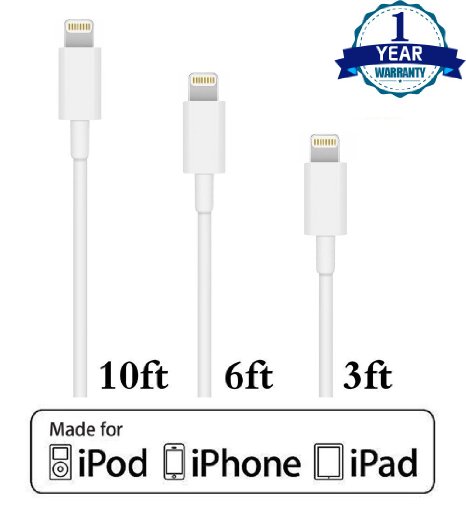 Certified Rattan 3 Pack 8 Pin Lightning to USB Charger Connector for iPhone 6s 6s Plus, iPhone 6 6 Plus, iPhone 5s 5 5c, iPod Touch 5th, Nano 7th, and iPad 4 Air Mini