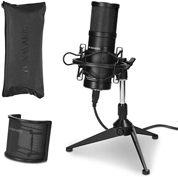 Navaris SM-01 USB Microphone Set - Cardioid Condenser Studio Mic with Stand and Pop Filter - For Computer PC, Laptop, Podcast, Streaming - Black/Black