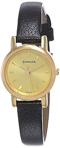 Sonata Champagne Dial Analog watch For Women-NR8976YL01W Genuine Leather, Black Strap