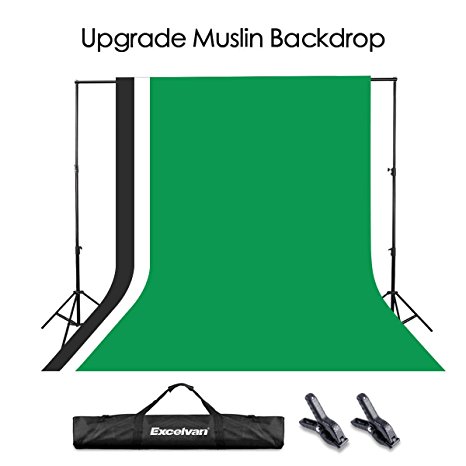 Excelvan Light-proof Muslin Thick Background Stand Kit Support System Adjustable Photography Set 10 x 6.5ft Portable Photo Video Studio with Carry Bag and Backdrop, Green Black and White