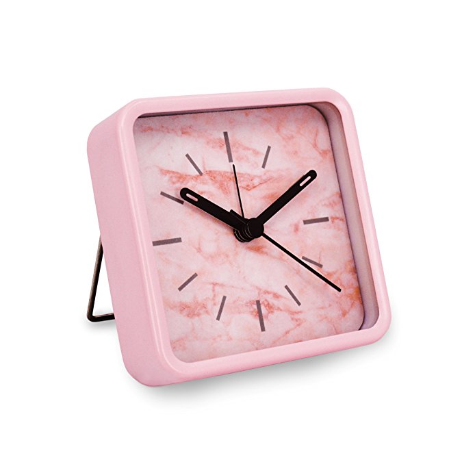 Slash Modern Small Portable Marble Pattern Metal Case Quartz Analog Desk Clock for Sitting Room, Bedroom, Office, Battery Operated, Loud Alarm, Quiet, Non-ticking Sweep Second Hand (Pink Marble)