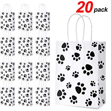 20 Pieces Puppy Dog Paw Print Treat Bags with Paper Twist Handles, Paper Paw Print Goodie Bags Dog Gift Bags Cat Treat Bags for Pet Treat Party Favor, 6.3 x 3.1 x 8.6 Inch