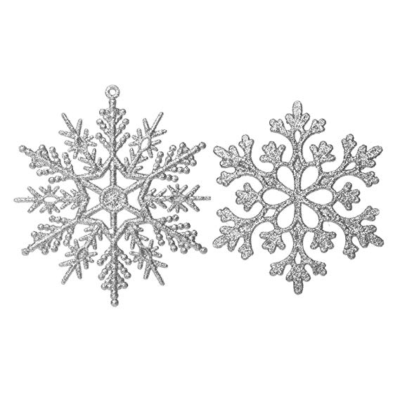 Eokeanon 36PCS Plastic Christmas Glitter Snowflake Ornaments Christmas Tree Decorations, 4 Inch Plastic Snowflake Ornaments for Winter Wonderland Christmas Party Decorations (36PCS Silver-4 Inch)
