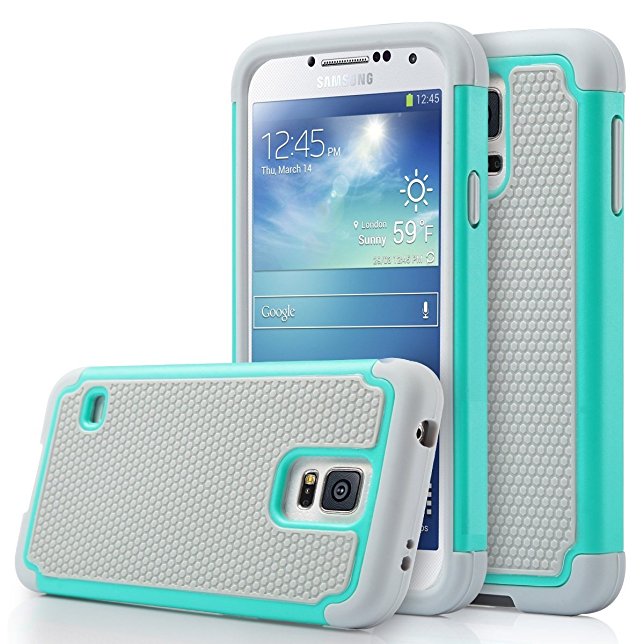 Samsung Galaxy S5 / S5 Neo Rugged Rubber Impact Heavy Duty Dual Layer Shock Proof Case Cover Skin - Teal / Gray