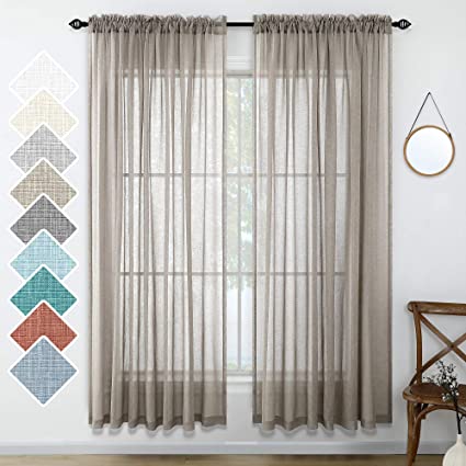 Taupe Curtains 84 Inches Long for Living Room 2 Panels Rod Pocket Linen Look Weave Textured Window Drape Light Filtering Curtain Semi Sheer for Bedroom Dining Rustic Farmhouse Style 52x84 Length Brown