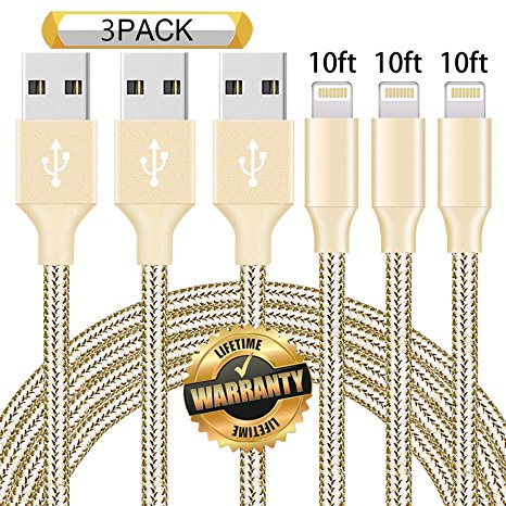 GUIGUI iPhone Cable 3Pack 10FT, Extra Long Nylon Braided Charging Cord Lightning Cable to USB Charger for iPhone X, 8, 7, 7 Plus, 6S, 6, SE, 5S, 5, iPad, iPod Nano 7 (Gold)
