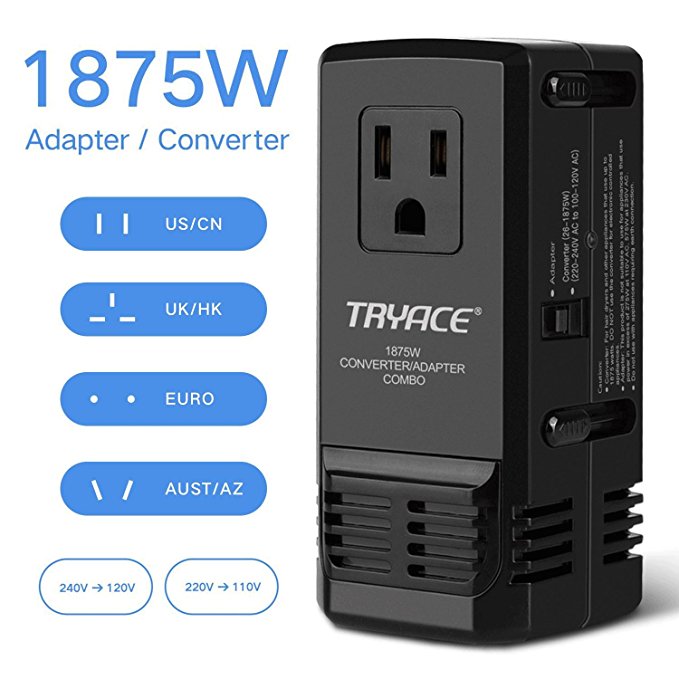 TryAce 1875W Universal Travel Adapter and Converter Combo 240V to 110V international Voltage Converter for Hair Dryer, All in One Plug 8A Max Adapter Wall Charger for UK/AU/US/EU 150  Countries