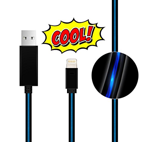 Lightning Cable, Lingoboi Lightning to USB Charging Cable LED Sync cord mini usb cord for iPhone 7/SE/6s/6/ 5/5c/5s/Plus, iPad, iPod - 3.0 Feet iPhone7Plus(Black/Blue)