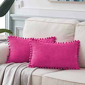 Fancy Homi Pack of 2 Corduroy Soft Decorative Throw Pillow Covers with Pom-poms, Solid Square Cushion Case Pillow Cases Set for Couch Sofa Bedroom Car Living Room (12"x20", Hot Pink)