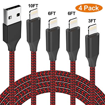 Ninasill iPhone Cable Extra Long iPhone Charging Cord,Data Sync,4Pack [3FT 6FT 6FT 10FT] Nylon Braided to USB Charger for iPhone X/8/8 Plus/7/7 Plus/6/6s Plus/5s/5 and iPad etc.(Black&red)