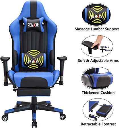 Large Size Gaming Chair High-Back PC Racing Chair Headrest Lumbar Massager Cushion Ergonomic Swivel PC Racing Chair with Retractable Footrest,PU Leather Executive Home Computer Chair(Black/Blue)